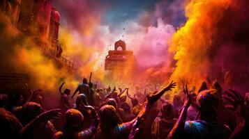 People celebrate colorful Holi festival in India, annual tourism colors, India photo
