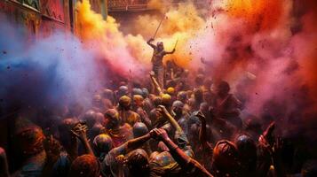 People celebrate colorful Holi festival in India, annual tourism colors, India photo