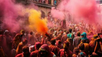 People celebrate colorful Holi festival in India, annual tourism colors, India photo