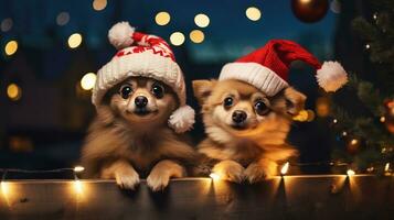 Funny American Akita puppy Two people wearing antlers and Santa hats sit on the front porch celebrating the 2024 New Year. photo