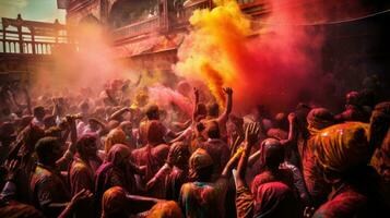 People celebrate colorful Holi festival in India, annual tourism colors, India photo