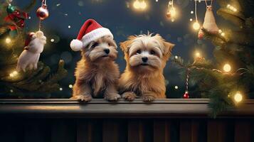 Funny American Akita puppy Two people wearing antlers and Santa hats sit on the front porch celebrating the 2024 New Year. photo