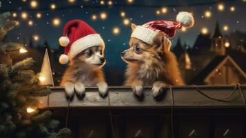 Funny American Akita puppy Two people wearing antlers and Santa hats sit on the front porch celebrating the 2024 New Year. photo