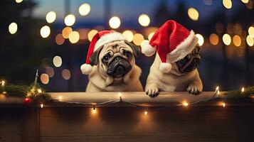 Funny American Akita puppy Two people wearing antlers and Santa hats sit on the front porch celebrating the 2024 New Year. photo