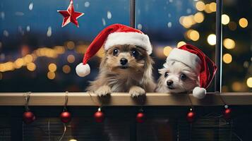 Funny American Akita puppy Two people wearing antlers and Santa hats sit on the front porch celebrating the 2024 New Year. photo