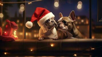 Funny American Akita puppy Two people wearing antlers and Santa hats sit on the front porch celebrating the 2024 New Year. photo