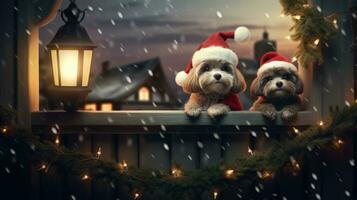 Funny American Akita puppy Two people wearing antlers and Santa hats sit on the front porch celebrating the 2024 New Year. photo
