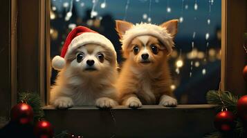 Funny American Akita puppy Two people wearing antlers and Santa hats sit on the front porch celebrating the 2024 New Year. photo