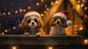 Funny American Akita puppy Two people wearing antlers and Santa hats sit on the front porch celebrating the 2024 New Year. photo
