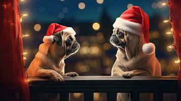 Funny American Akita puppy Two people wearing antlers and Santa hats sit on the front porch celebrating the 2024 New Year. photo