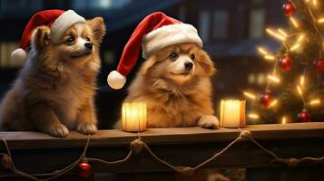 Funny American Akita puppy Two people wearing antlers and Santa hats sit on the front porch celebrating the 2024 New Year. photo