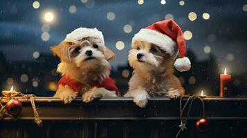 Funny American Akita puppy Two people wearing antlers and Santa hats sit on the front porch celebrating the 2024 New Year. photo