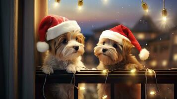 gracioso americano akita perrito dos personas vistiendo cornamenta y Papa Noel sombreros sentar en el frente porche celebrando el 2024 nuevo año. foto