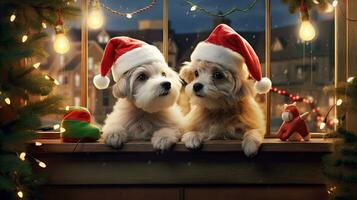 Funny American Akita puppy Two people wearing antlers and Santa hats sit on the front porch celebrating the 2024 New Year. photo