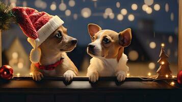 Funny American Akita puppy Two people wearing antlers and Santa hats sit on the front porch celebrating the 2024 New Year. photo