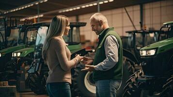 Female tractor salesperson stands in showroom and guarantees spare parts and service of agricultural machinery. photo