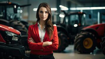 Female tractor salesperson stands in showroom and guarantees spare parts and service of agricultural machinery. photo