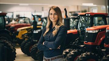 Female tractor salesperson stands in showroom and guarantees spare parts and service of agricultural machinery. photo