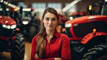 Female tractor salesperson stands in showroom and guarantees spare parts and service of agricultural machinery. photo