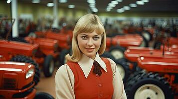 Female tractor salesperson stands in showroom and guarantees spare parts and service of agricultural machinery. photo