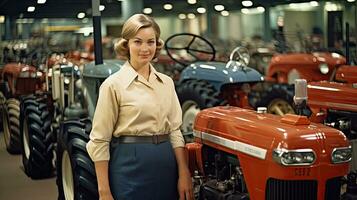 Female tractor salesperson stands in showroom and guarantees spare parts and service of agricultural machinery. photo