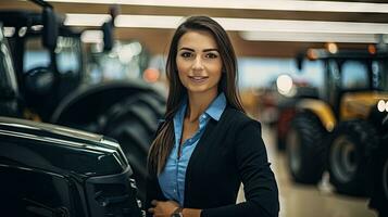 Female tractor salesperson stands in showroom and guarantees spare parts and service of agricultural machinery. photo