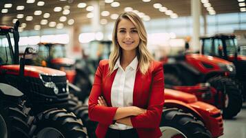 Female tractor salesperson stands in showroom and guarantees spare parts and service of agricultural machinery. photo