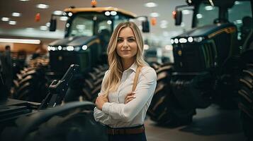 Female tractor salesperson stands in showroom and guarantees spare parts and service of agricultural machinery. photo