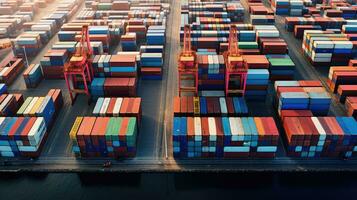 Aerial top view of ocean cargo ship with contrail in cargo transport technology export ship. photo