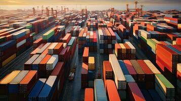 Aerial top view of ocean cargo ship with contrail in cargo transport technology export ship. photo