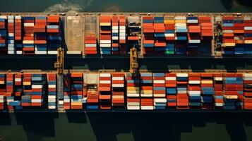 Aerial top view of ocean cargo ship with contrail in cargo transport technology export ship. photo