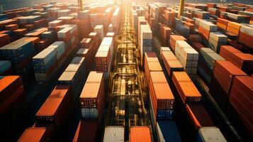 Aerial top view of ocean cargo ship with contrail in cargo transport technology export ship. photo