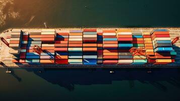 Aerial top view of ocean cargo ship with contrail in cargo transport technology export ship. photo