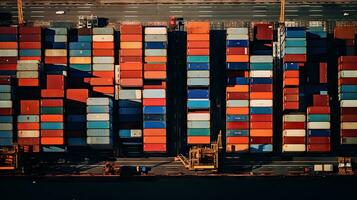 Aerial top view of ocean cargo ship with contrail in cargo transport technology export ship. photo