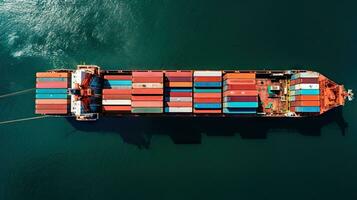 Aerial top view of ocean cargo ship with contrail in cargo transport technology export ship. photo
