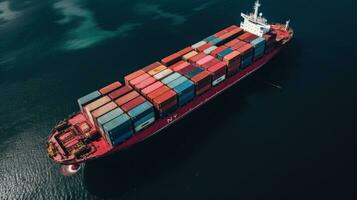 Aerial top view of ocean cargo ship with contrail in cargo transport technology export ship. photo