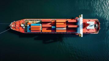 Aerial top view of ocean cargo ship with contrail in cargo transport technology export ship. photo