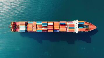 Aerial top view of ocean cargo ship with contrail in cargo transport technology export ship. photo