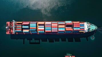 Aerial top view of ocean cargo ship with contrail in cargo transport technology export ship. photo