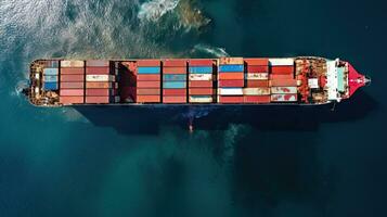 Aerial top view of ocean cargo ship with contrail in cargo transport technology export ship. photo