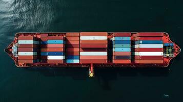 Aerial top view of ocean cargo ship with contrail in cargo transport technology export ship. photo