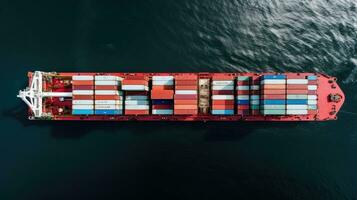 Aerial top view of ocean cargo ship with contrail in cargo transport technology export ship. photo