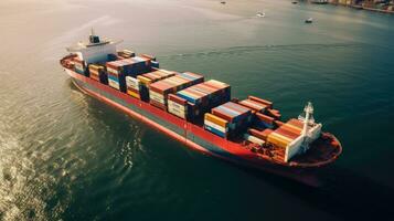 Aerial top view of ocean cargo ship with contrail in cargo transport technology export ship. photo