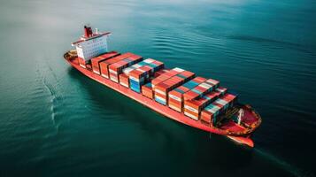 Aerial top view of ocean cargo ship with contrail in cargo transport technology export ship. photo