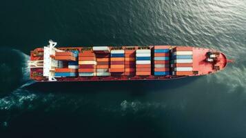 Aerial top view of ocean cargo ship with contrail in cargo transport technology export ship. photo