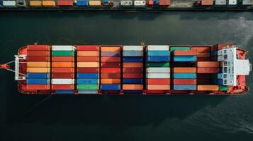 Aerial top view of ocean cargo ship with contrail in cargo transport technology export ship. photo