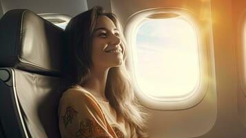 hermosa niña sentado y sonriente en el avión foto