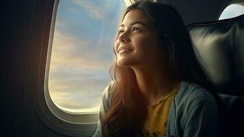 Beautiful girl sitting and smiling on the plane photo