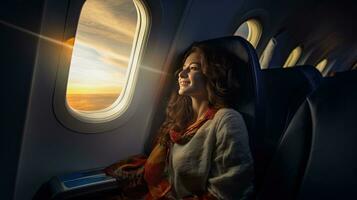 Beautiful girl sitting and smiling on the plane photo