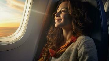 Beautiful girl sitting and smiling on the plane photo